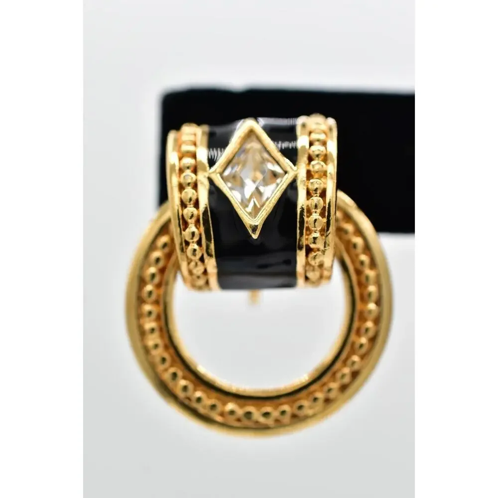 Swarovski Vintage Crystal Clip On Earrings Black Dangle Gold Swan Signed BinBK